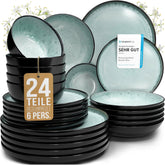 Set de veselă din gresie ceramică, format din 24 de piese, pentru 6 persoane, design Ibiza, CÂȘTIGĂTOR AL TESTULUI. Un set de veselă mediteraneană superb, inclusiv boluri și farfurii. Set de veselă Pure Living, verde salvie.