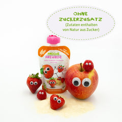 FRECHE FREUNDE Bio Quetschie Apple, Erdbeere, Himbeere mit Grieß, Fruchtmus mit Getreide in Quetschbeutel für Babies from 6. Month, vegan, 6er Pack (6 x 100g)