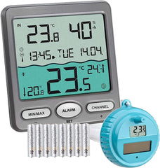 TFA Dostmann Venice Termómetro para piscinas, 30.3056.10, para controlar la temperatura del agua en piscinas, estanques o jacuzzis, termómetro digital inalámbrico para piscinas, gris, largo 116 x ancho 24 (65) x alto 126 mm