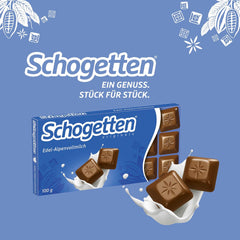 Barra de chocolate con leche Schogetten Premium Alpine, 100 g, en porciones individuales. Una delicia. Pieza por pieza.