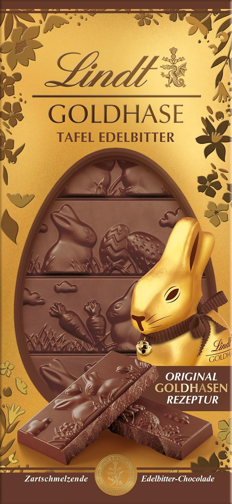 Barra de chocolate Lindt Gold Bunny, chocolate amargo | 120 g de chocolate negro 60%, elaborado según la receta original de Gold Bunny | Barra de chocolate | regalo de chocolate