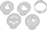 Dr. Oetker Ei-Ausstecher inkl. 4 Deco-Schablonen aus der Series "Goldiges Ostern", Keks- und Plätzchenform (Farbe: Silber, Weiß), Menge: 1 x 5er Set