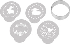 Dr. Oetker Ei-Ausstecher inkl. 4 Deco-Schablonen aus der Series "Goldiges Ostern", Keks- und Plätzchenform (Farbe: Silber, Weiß), Menge: 1 x 5er Set