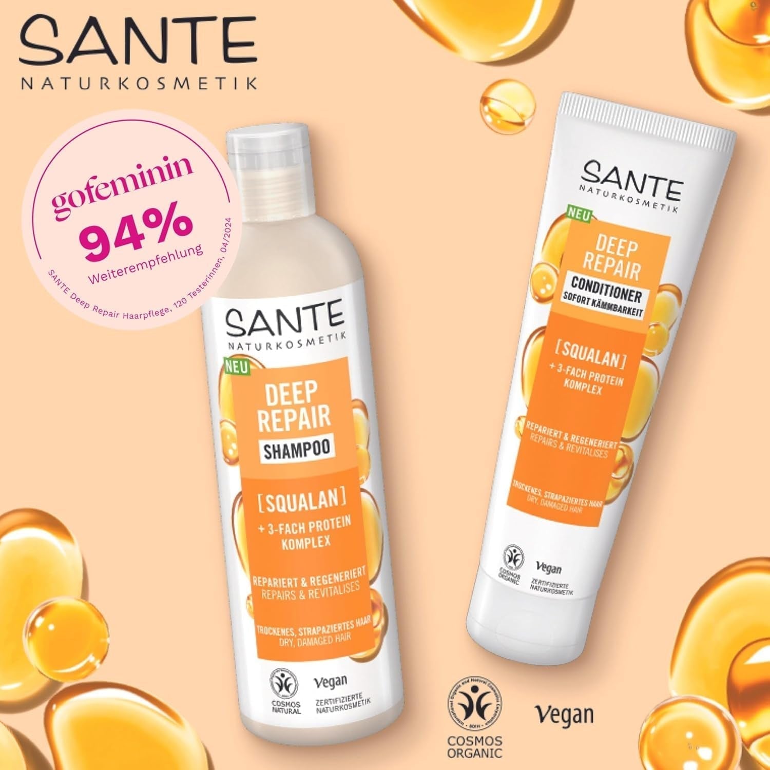 SANTE Natural Cosmetics Deep Repair Mask Squalane + complex proteic de 3 ori, mască de păr vegană pentru hidratare intensă și păr flexibil, repară și regenerează părul deteriorat, 150 ml Masca de par Naty Shop