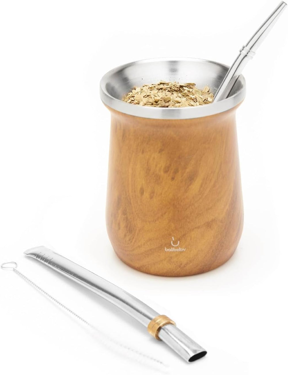 Set de ceai Yerba Mate balibetov (ceașcă Mate) din oțel inoxidabil cu bombilla (pai) pentru mate, Set Yerba Mate ușor de curățat și foarte durabil (LEMN)