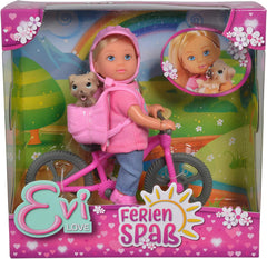 Simba 105733273 - Evi Love Ferienspaß Fahrrad, Puppe mit Fahrrad, Hund und Rucksack, Ankleidepuppe, 12cm, para niños de 3 años