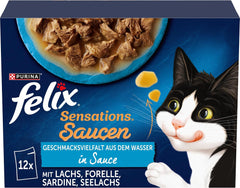 Felix Sensations Sauces Hrană umedă pentru pisici, mix variat de pește, pachet de 6 (6 x 12 pliculețe a câte 85 g fiecare)