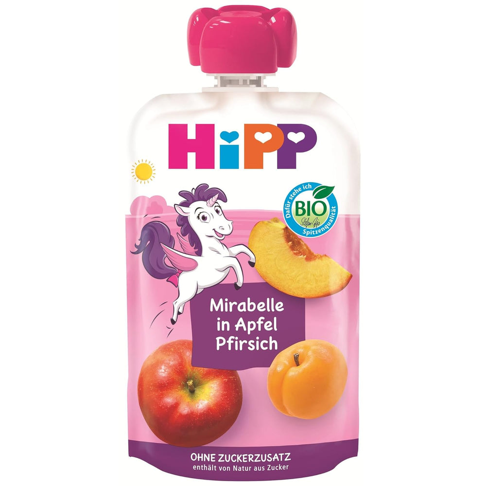 HiPP Bio Quetschie Mirabelle en Apfel-Pfirsich - Ellis Einhorn (8 x 100 g), desde 1 año, 100% Fruchtpüree, ohne Zuckerzusatz, vegano, en la mejor calidad biológica