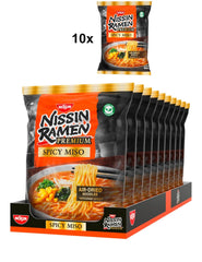 Nissin Ramen Premium - Miso Spicy Paquete de 10 fideos instantáneos secos al aire estilo japonés para ramen 'estilo restaurante' con un sabor ligeramente picante de miso y hojuelas de wakame (10 x 90,7 g)