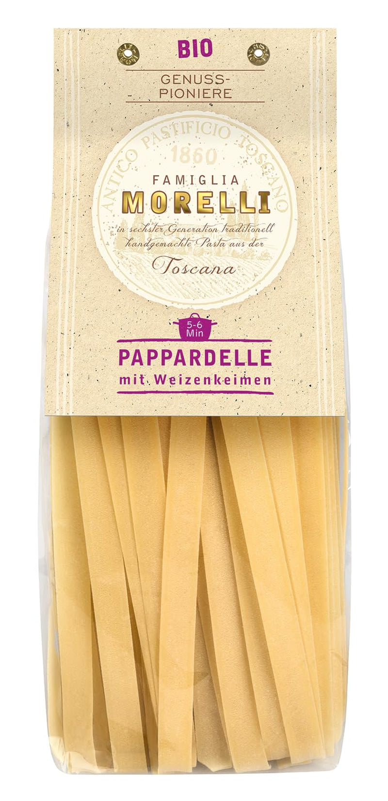 BioGourmet Pappardelle con Germen de Trigo - Pasta Ancha Orgánica para Guisos y Salsas - con Extra Nutrientes | 500 g Orgánico y Vegano
