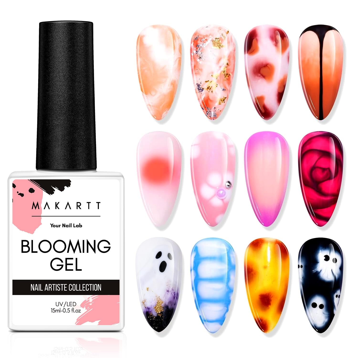 Oja gel Makartt Blooming - 15 ml Gel Blooming pentru întinderea ojei cu culoarea marmoră, vopsea gel, modele de unghii pentru manichiură DIY, flori, animale, acuarelă, kit magic pentru manichiură