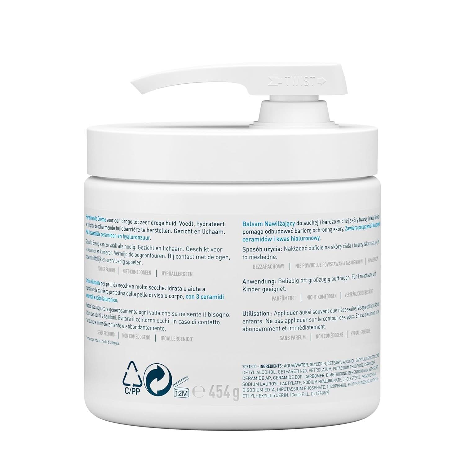 Cerave, Cremă hidratantă pentru corp și față pentru pielea uscată, cu hialuron și 3 ceramide esențiale, 454 g Cosmetice si Infrumusetare Naty Shop