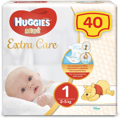 Huggies Pañales Extra Care para Bebé, Talla 1 (2-5 kg), Súper Absorbentes, Protección Total, Diseño Disney, 40uds.