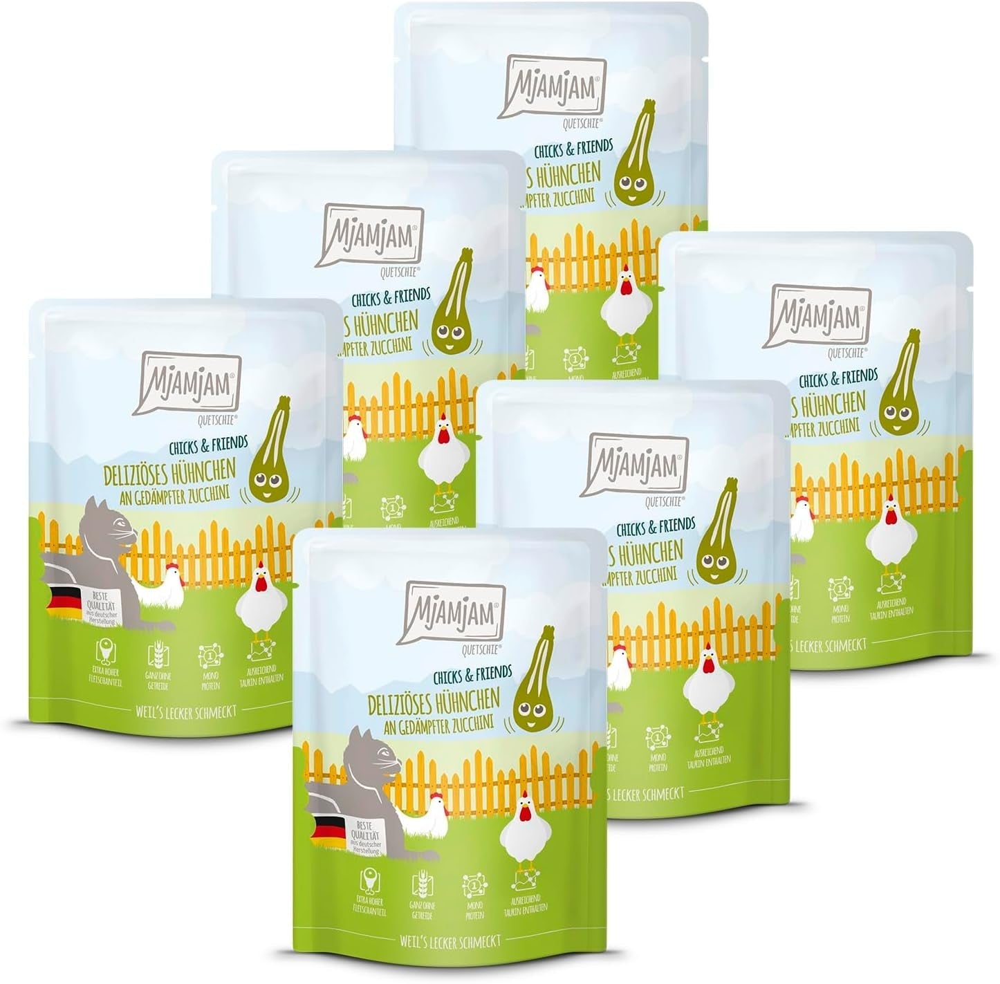 Mjamjam - Hrană umedă premium pentru pisici - Chicks & Friends Box, 9 pachete (9 X 300G), fără cereale și cu carne suplimentară