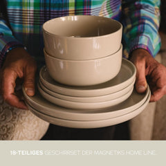Set de veselă din gresie porțelanată pentru 6 persoane, 18 piese — mai solid și mai rezistent la zgârieturi decât farfuriile și bolurile din faianță, bej lucios | Set de veselă include 6 farfurii de cină, 6 farfurii de desert și 6 boluri -