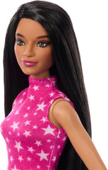 Muñeca Barbie Fashionistas núm. 215 con pelo negro liso, top con estampado de estrellas rosa y falda iridiscente, muñeca coleccionable de 65 cumpleaños HRH13 Naty Shop Dolls