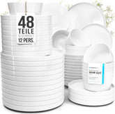 Set de veselă din porțelan pentru 12 persoane, Crystal 48 de piese, CÂȘTIGĂTOR AL TESTULUI, Set de veselă din porțelan transparent, set de boluri și farfurii, serviciu de cină pentru 12 persoane, Seturi de veselă Pure Living în alb