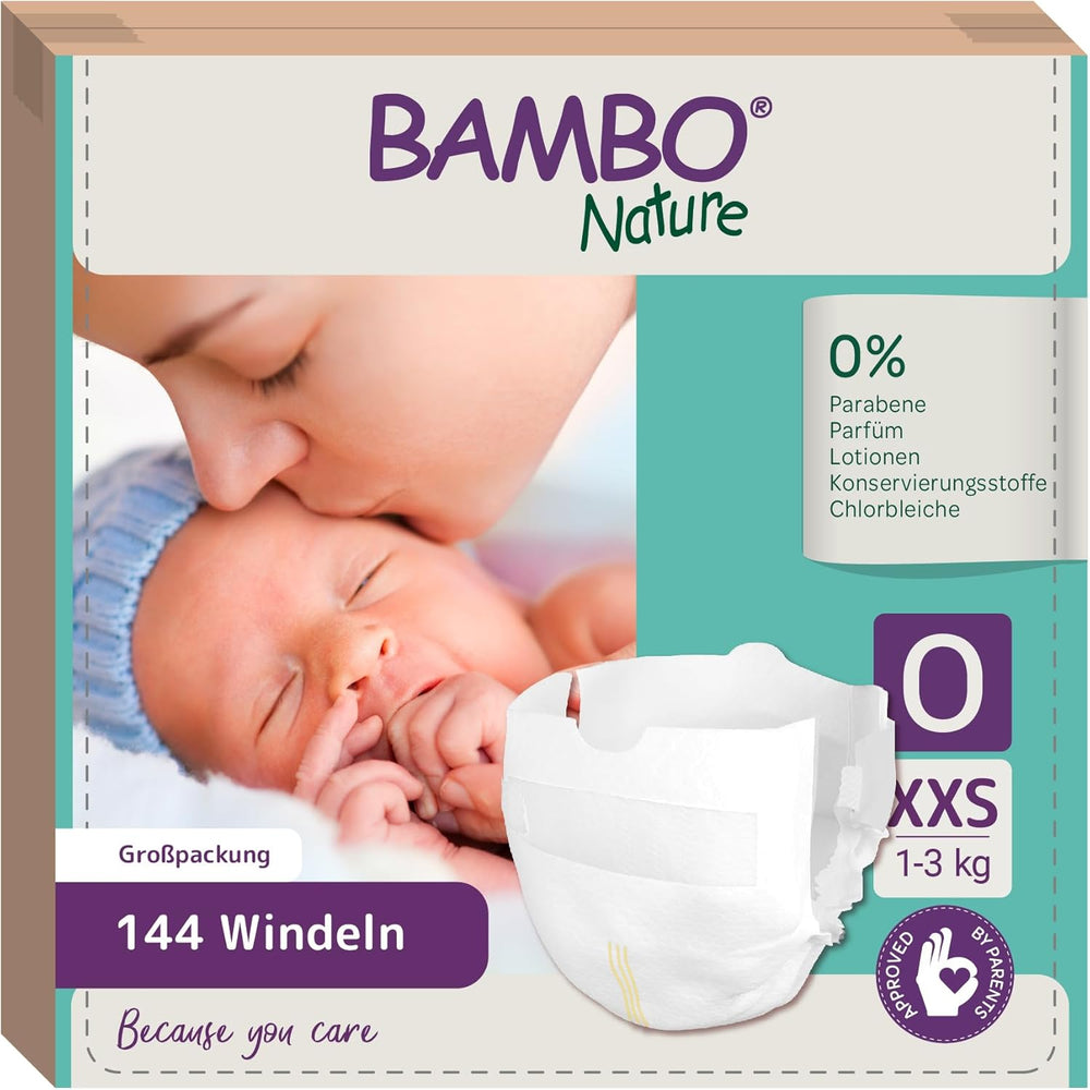 Pañales Bambo Nature para Bebé, Talla 0 (1-3 kg), 144 uds, Caja Mensual | Pañales Premium con protección mejorada contra fugas | Máxima comodidad y libertad para los recién nacidos | Pañales testados dermatológicamente