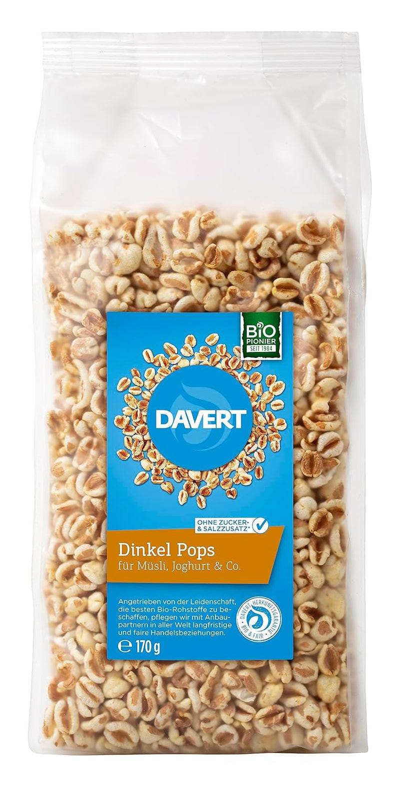 Davert Piruletas de Espelta 170 g – Frijoles de espelta expandidos aromatizados, aireados y ligeros con un delicado sabor tostado – 100% calidad orgánica Davert (1 x 170 g)