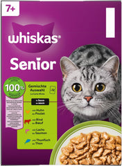 Hrană umedă Whiskas Senior 7+ Selecție mixtă în sos, 48 pliculețe, 12x85g (pachet de 4) – Hrană umedă de înaltă calitate pentru pisici de 7 ani și peste