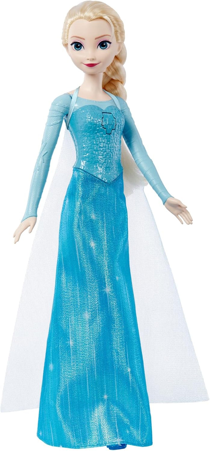 Jucării Mattel din Disney Frozen Păpușa Elsa cântătoare în ținută emblematică, cântă „Let It Go” din filmul Disney în engleză, franceză, germană, italiană, JDL58