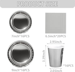 Set de tacâmuri din hârtie argintie, format din 68 de piese, farfurii de hârtie argintii, pahare de hârtie, șervețele, tacâmuri decorative pentru petreceri, zile de naștere, nunți, Revelion, absolviri, articole pentru petreceri