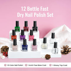 Set de ojă JODSONE cu 12 piese, combinație de 10 culori, 2 straturi de bază și top, ojă cu uscare rapidă pentru amatori și începători