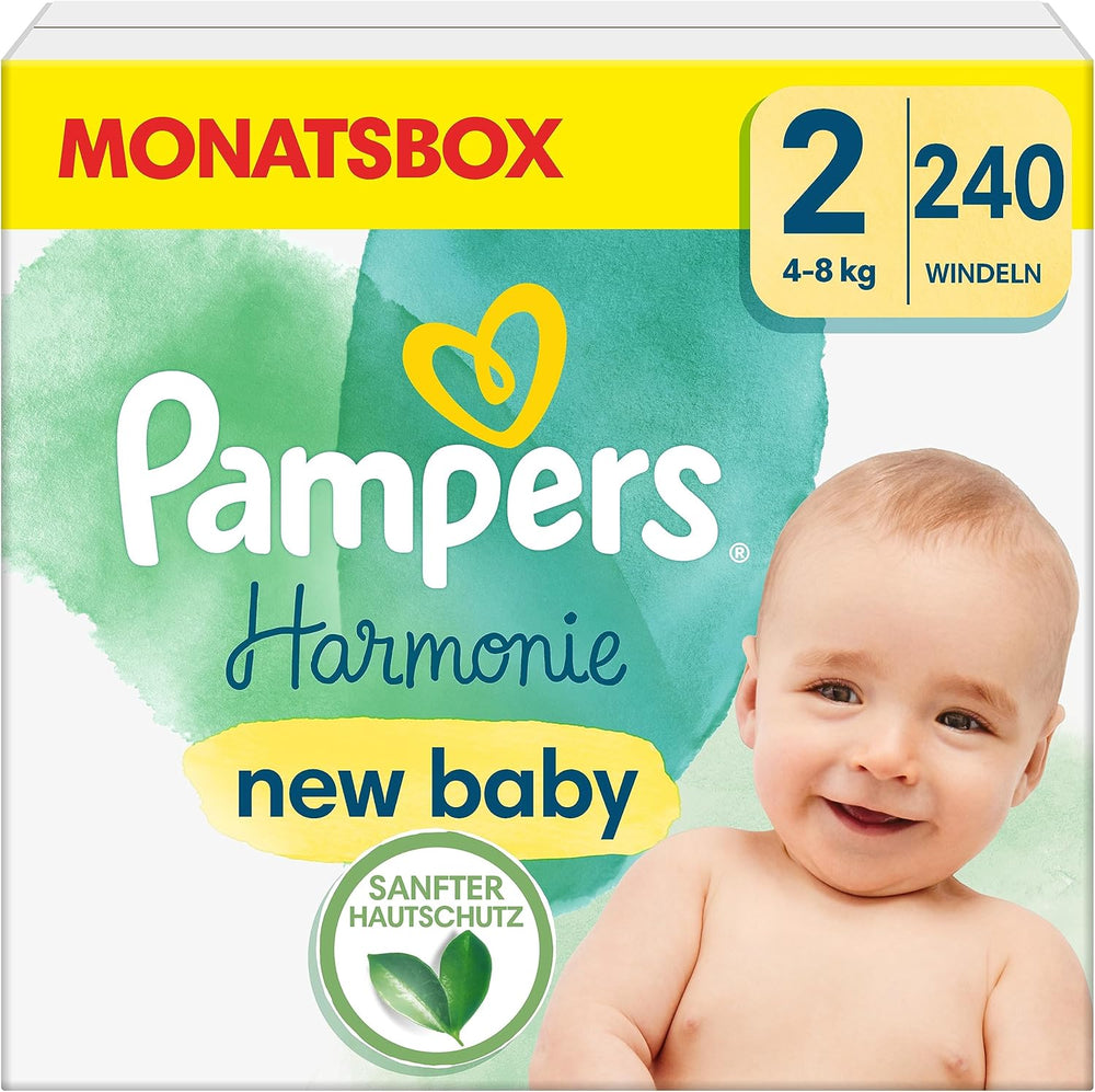 Pañales Pampers para bebé, tamaño 2 (4-8 kg), Harmony, caja de media luna, protección suave para la piel e ingredientes herbales, 240 unidades