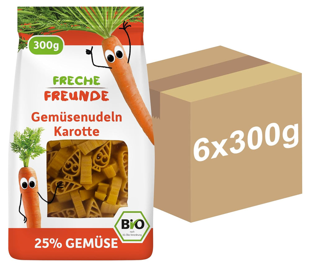 Freche Freunde Fideos Vegetales Orgánicos 'Zanahoria' 25% Contenido Vegetal Vegano Paquete de 6 (6 x 300g)