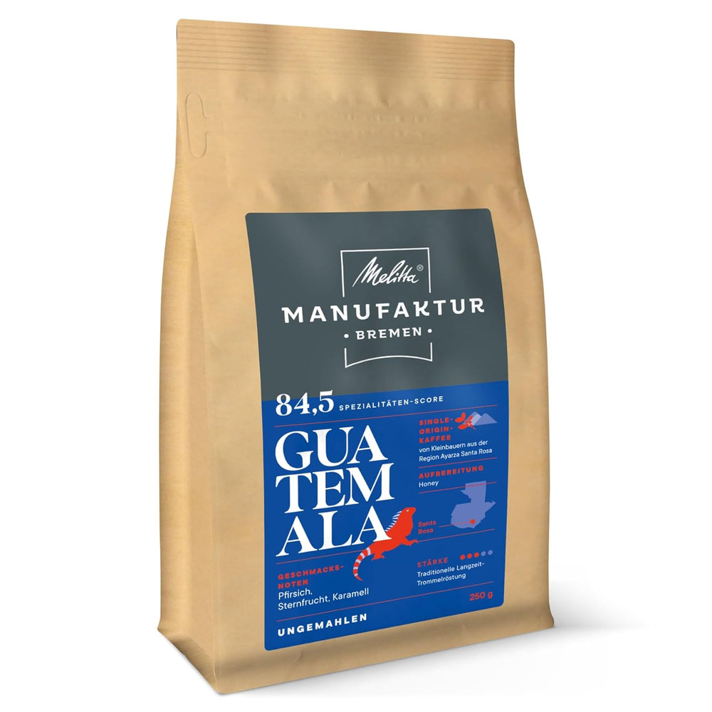 Melitta Manufaktur-Kaffee Guatemala Honey, Spezialitäten, 250g, Ganze Bohnen, Ungemahlen, Single-Origin, Sanfte Trommelröstung, Geröstet in Deutschland, Stärke 3