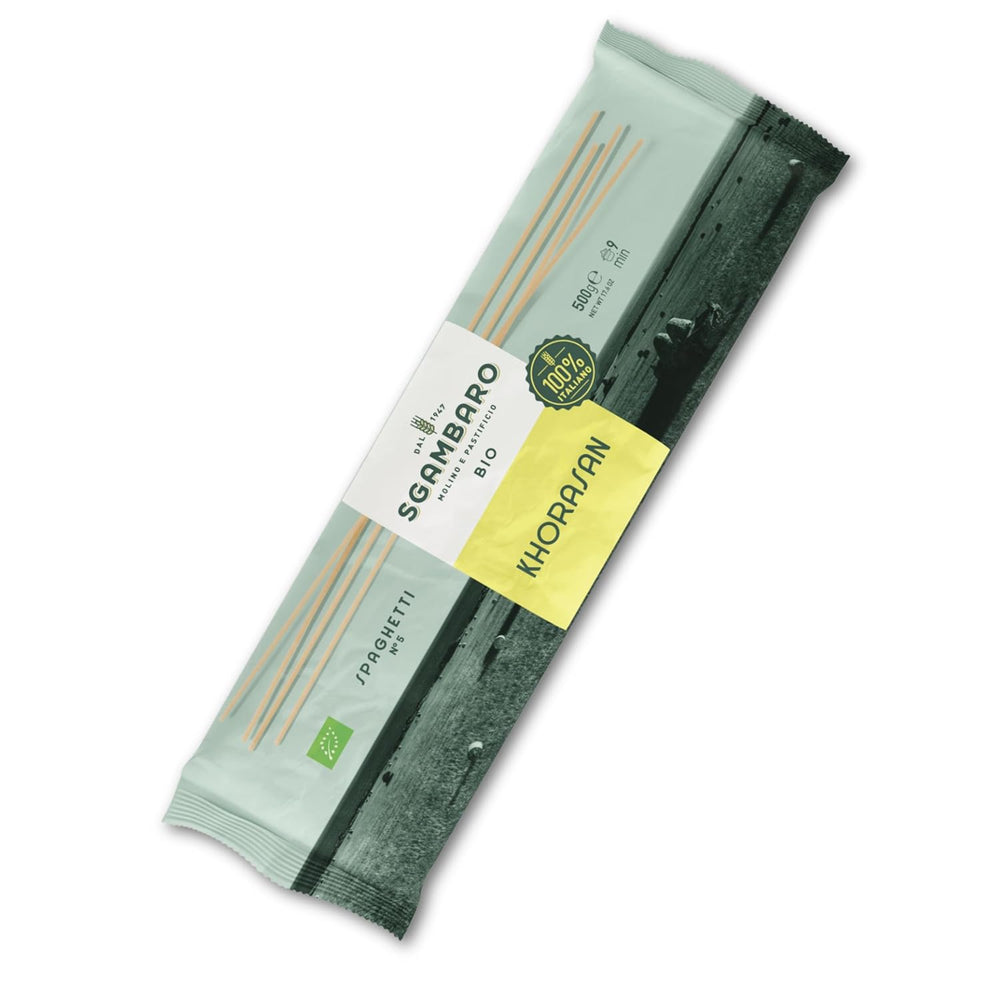 Pasta de espagueti ecológica núm. 5 - 500 g de trigo Khorasan – Trigo antiguo, rico en proteínas, 100% cultivado en Italia – Versátil en la cocina y rico en nutrientes