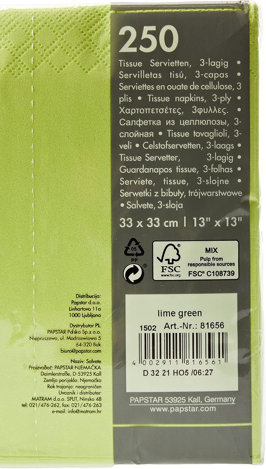 250 șervețele, 3 straturi 1/4-fold 33 Cm X 33 Cm verde măr (pachet de 2)