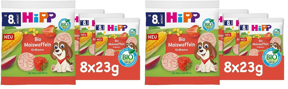 HiPP Organic Maíz Waffles con Fresas (8 x 23g), snack para bebés a partir de 8 meses, endulzado solo con frutas y verduras, sin gluten, la mejor calidad orgánica (paquete de 2)