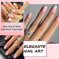 Kit unghii false 360 piese - Unghii artificiale scurte, nud, roz, alb, gradient - Unghii artificiale pătrate pentru lipit - Unghii autoadezive cu acoperire completă, lucioase, pentru femei și fete (pătrat)