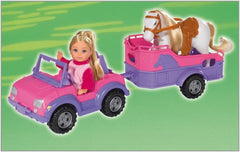 Simba 105737460 - Evi Love Evi Remolque de Caballos con jeep rosa, caballo morado y colgante de pony, muñeca disfrazada, 12 cm, para niños a partir de 3 años Muñecas Naty Shop