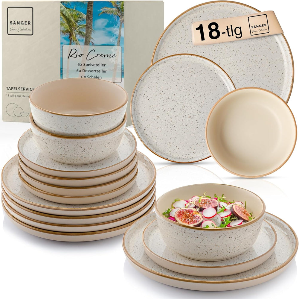 SÄNGER Rio Creme | Set de veselă din gresie pentru 6 persoane, format din 18 piese, inclusiv 6 farfurii de cină, 6 farfurii de desert și 6 boluri | COLECȚIA VALUE
