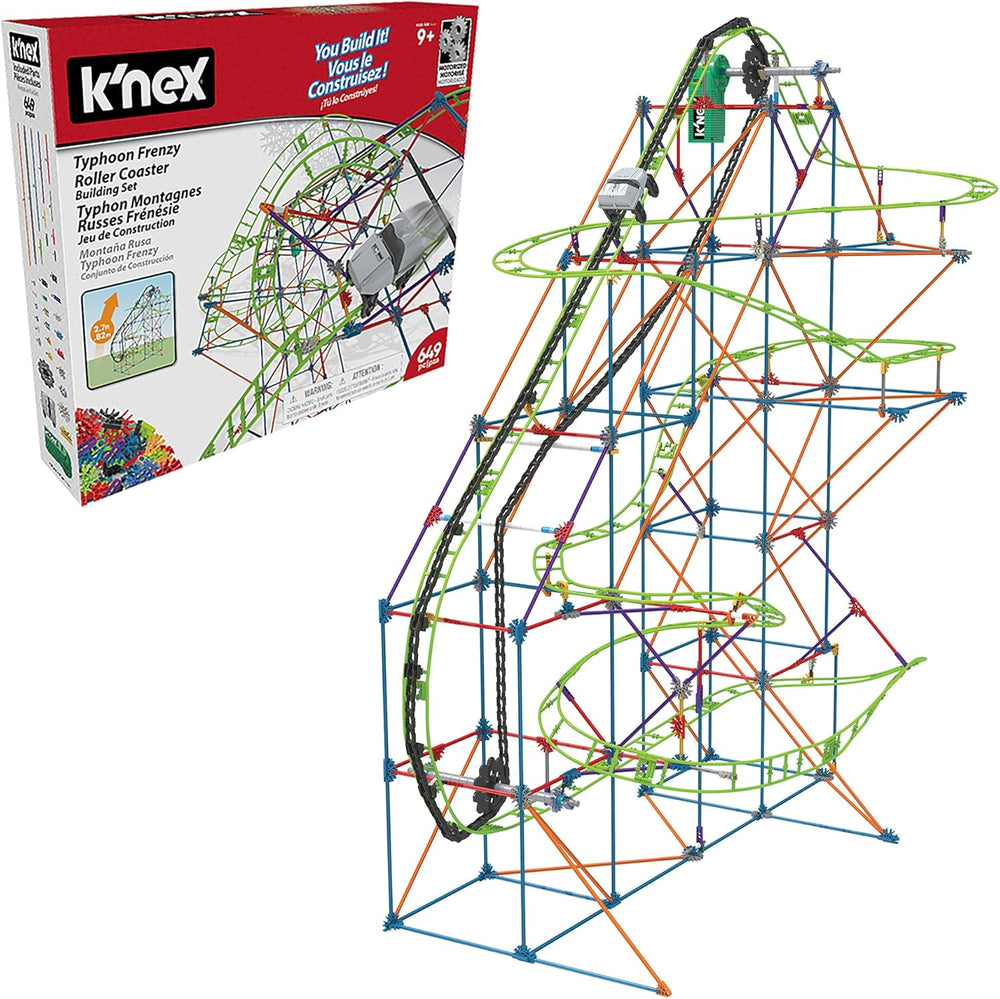 K'NEX 51438 Typhoon Frenzy Montaña rusa, modelo 2 en 1, juego de construcción colorido para niños y niñas, juguete de 19 pies, juego de construcción para niños de 640 piezas para niños a partir de 9 años