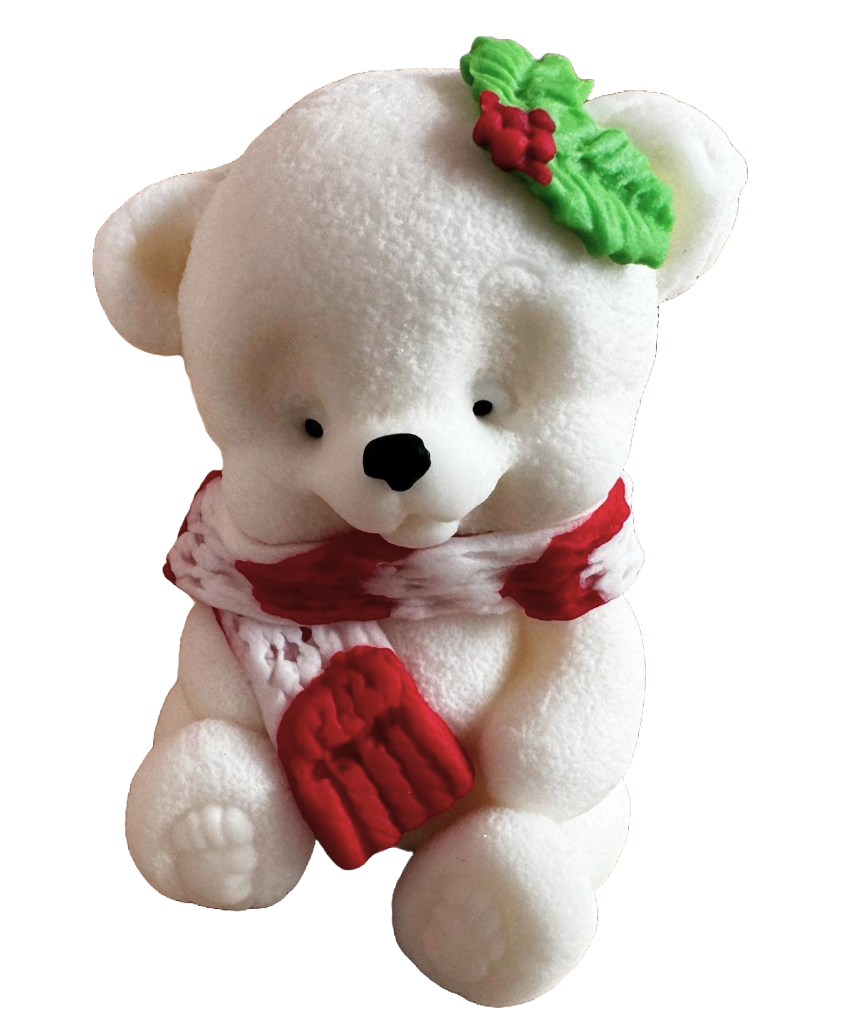 Decoratiune comestibila din pasta de zahar, Ursulet cu fular alb-rosu si frunzulita Decoratiuni din Pasta de Zahar Naty Shop