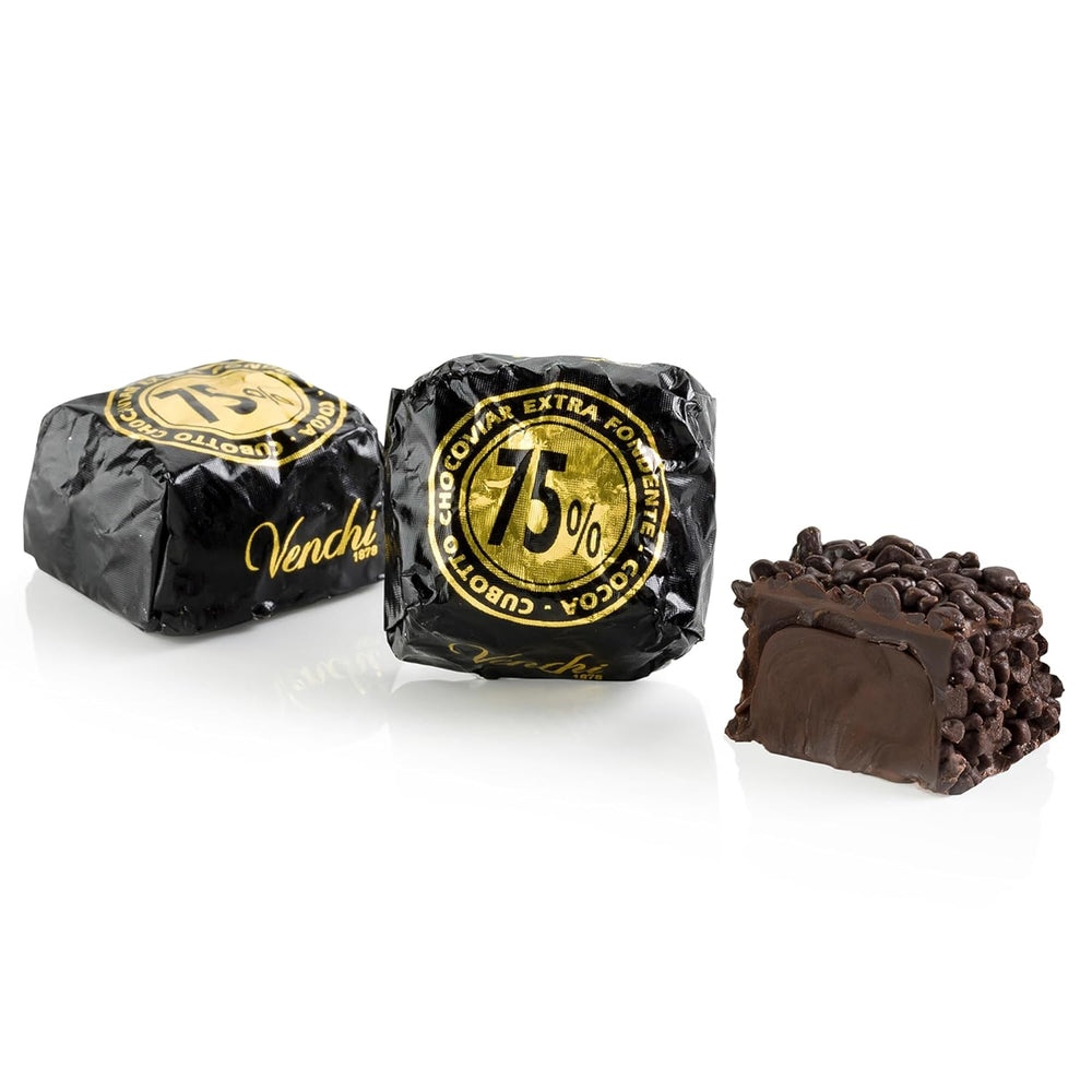 Venchi - Cuburi Chocoviar 75% - Praline cu umplutură "Cuor di Cacao", ciocolată neagră extra și granule Chocoviar 75% - pachet vrac de 1 kg - Vegan - Fără gluten