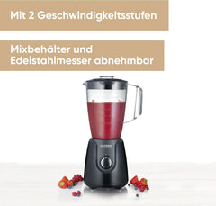 SEVERIN Batidora con base con 1,5 L Mixbehälter Aus Tritan, Batidora con 2 cosas y función de pulso, Leistungsstarker Küchenmixer Mit Edelstahlmesser, 600 W, Negro, SM 3707 Cocina Naty Shop
