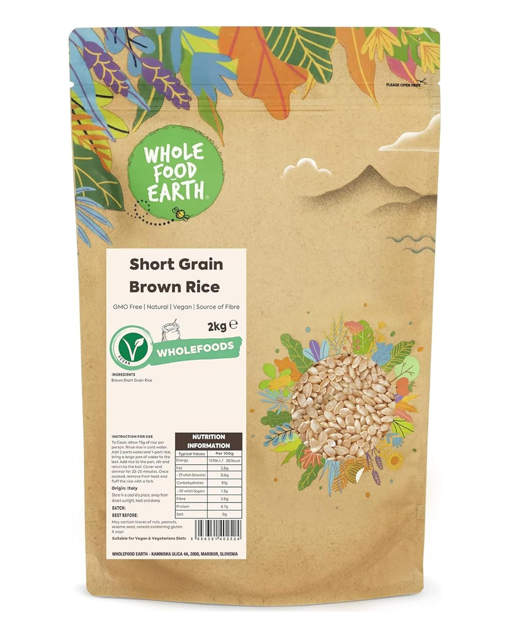 Arroz integral de grano corto Wholefood Earth - sin OGM - natural - vegano - sin lácteos - sin azúcares añadidos, 2 kg
