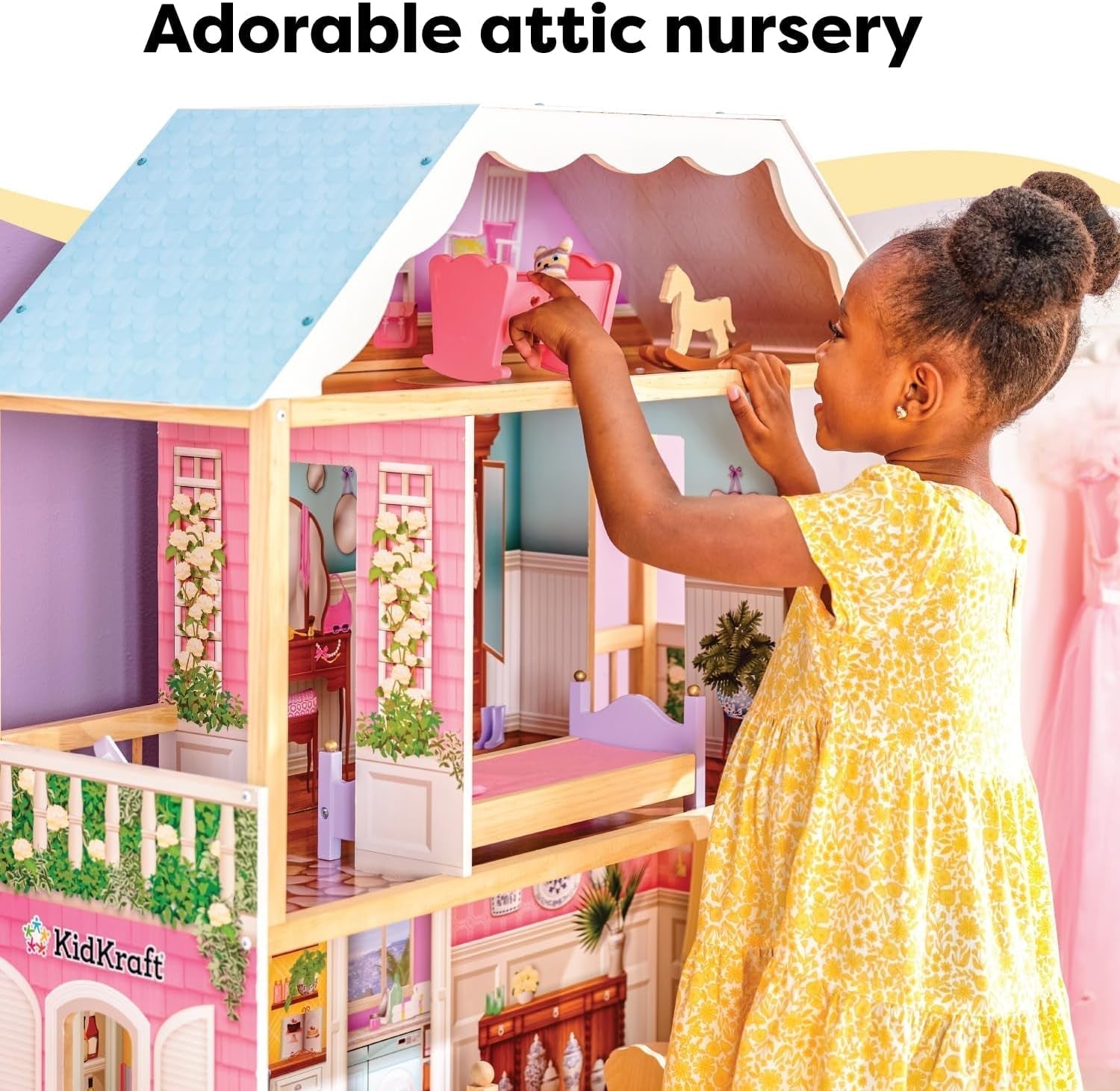 Casă de păpuși din lemn Kidkraft Charlotte cu mobilier și accesorii, casă de păpuși în stil clasic pentru păpuși de 30 cm, jucărie pentru copii de la 3 ani, 65956 Casute de papusi Naty Shop