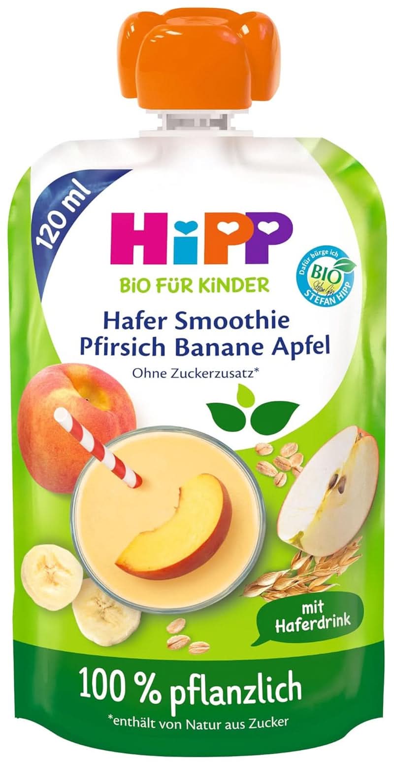 Hipp BIO Smoothie cu mere, piersici, banane cu băutură de ovăz, 120 ml, pachet de 6 (6 x 120 ml) Mama si Copilul Naty Shop 6 x 120 ml Banană, piersică