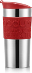 Cană termică Bodum K11067-04 TRAVEL PRESS SET, cu pereți dubli, oțel inoxidabil, capac suplimentar, 0,35 l, roșie