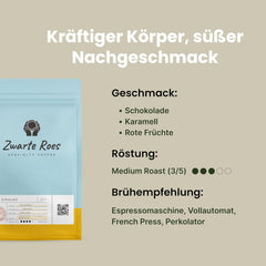 – Spezialitätenkaffee (ganze Bohnen) 250 g & 1 kg – 100% Arabica, mittlere Röstung – Aromen von roten Beeren, Karamell und Steinobst – Für Espresso, Cappuccino und Filterkaffee