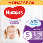 Pantalón Huggies Ultra Comfort, talla 5, 12-17 kg, Para niños activos, Con indicador de humedad y tecnología de cintura nube, 128 pañales Mother and Child Naty Shop