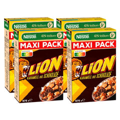 Cereal Nestlé Lion, copos de maíz con sabor a chocolate y caramelo, 41 % de cereales integrales vitales, vitaminas y minerales, copos crujientes, paquete económico máximo, paquete de 4 (4 x 675 g)