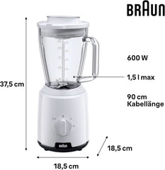 Braun Powerblend 1 JB1050WH - Batidora de pie con 1,5 L de vidrio para mezclar, Küchenhelfer Zum Zerkleinern, Pürieren & Mixen, función Ice-Crush, 2 Geschwindigkeiten, 600 Watt, Weiß Kitchen Naty Shop