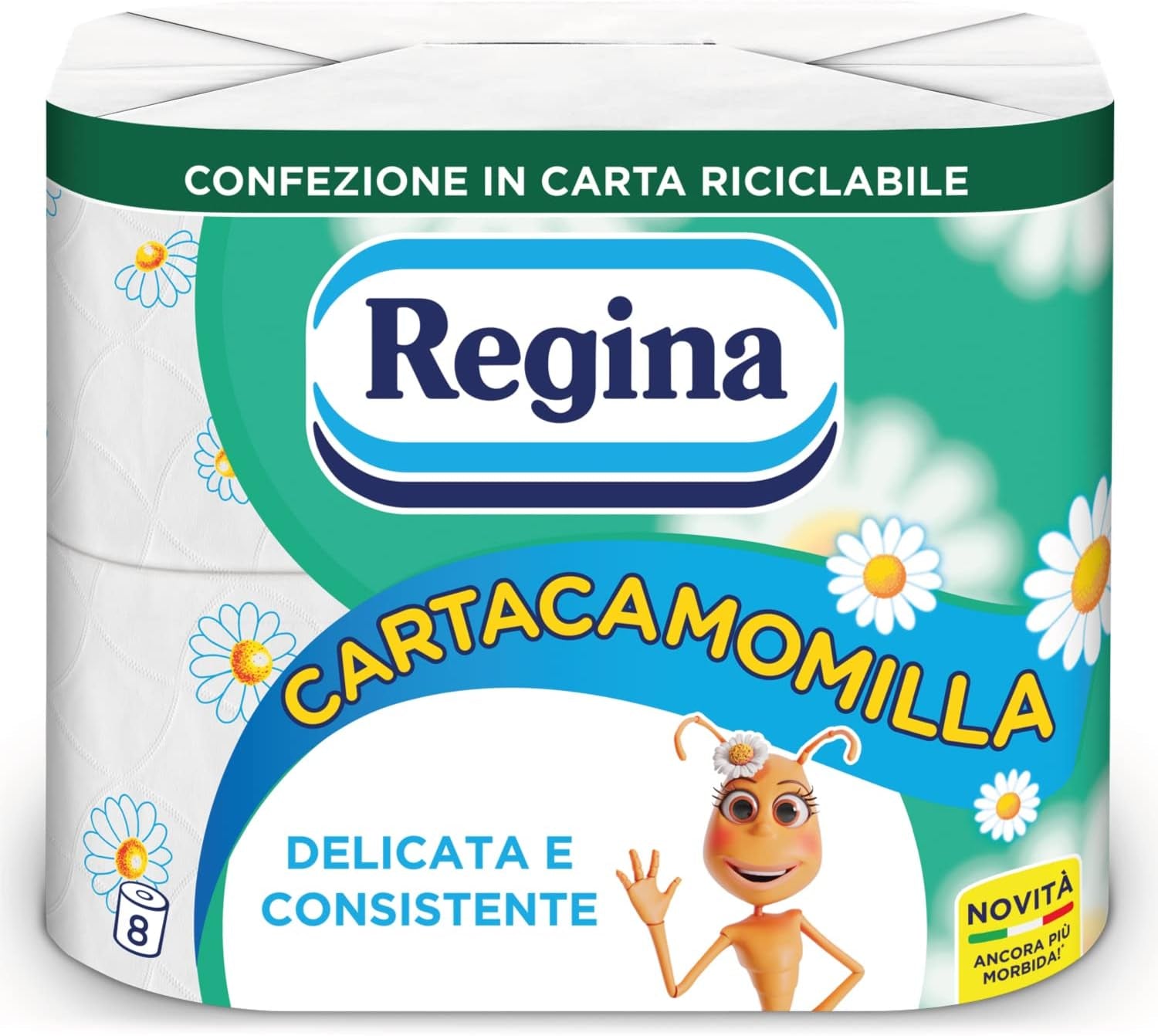 Regina Cartacamomilla - 8 role hârtie igienică, 300 foi pufoase, 3 straturi, moale și consistentă, ambalaj din hârtie reciclabilă