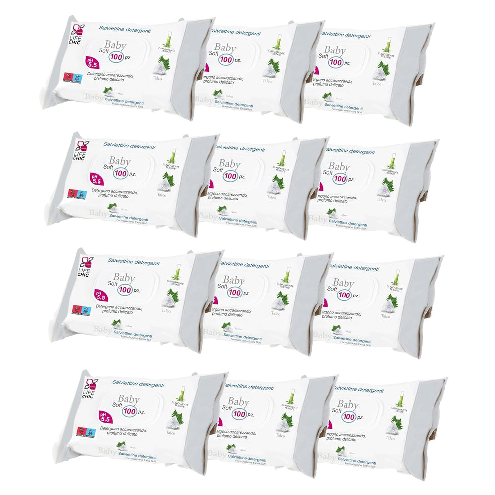 Toallitas para bebés con talco para pieles sensibles, sin alcohol, respetuosas con la piel, pH 5,5, ligeramente perfumadas, 1200 unidades (paquete de 12)
